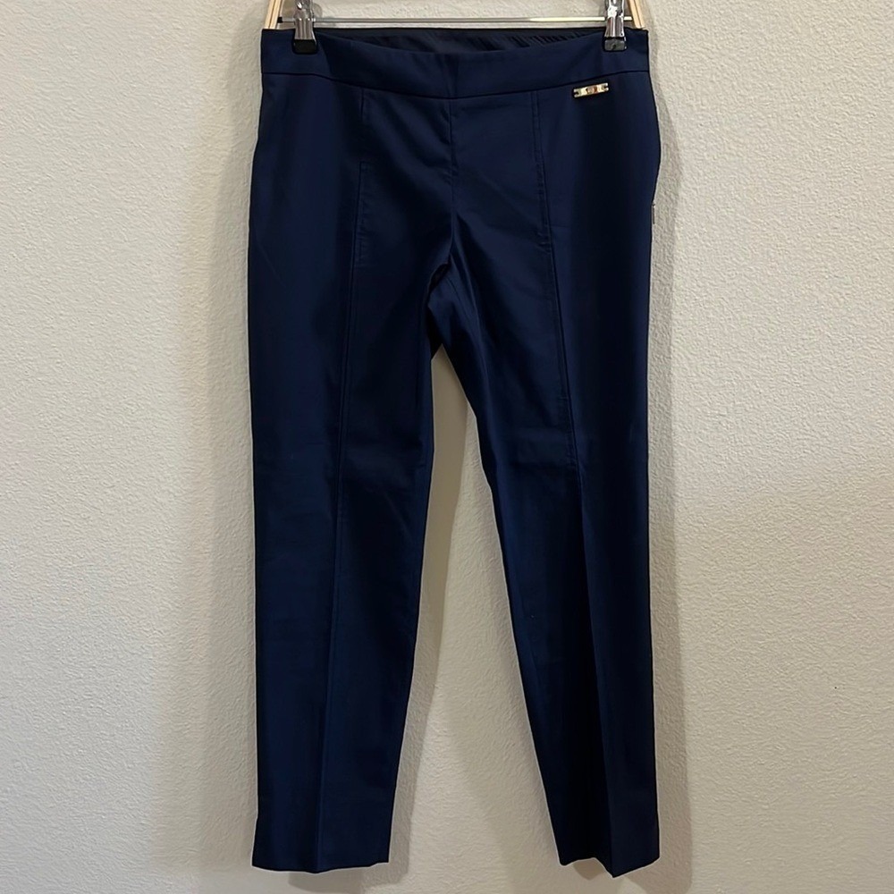 Tory Burch Navy Blue Side Zip Slim Trousers Gold Logo Pants 50001206 Size 2